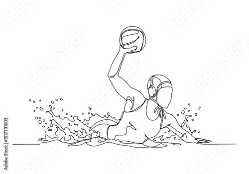Dynamic Water Polo Player in Continuous Line Art, Black and Whit