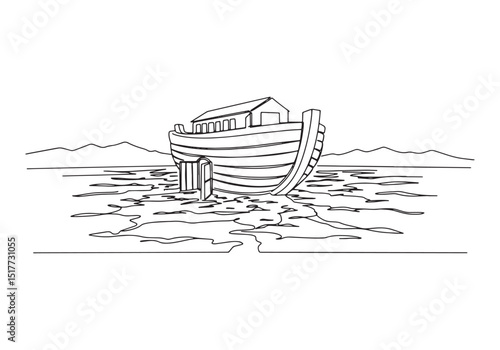 Continuous Line Drawing of Noah's Ark with Open Door Illustratio