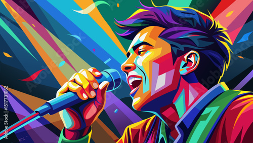 close up Illustration: Colorful silhouette of a male singer, the singer sings into a microphone at a concert