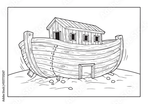 Noah's Ark Coloring Page, A Detailed Black and White Illustratio