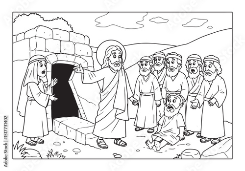The Raising of Lazarus from the Dead, a coloring book page illus