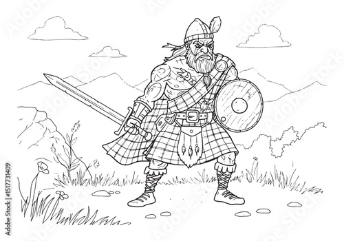 Intricate Coloring Page of a Male Scottish Warrior with Sword an