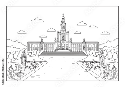 Coloring book page of the Shrine of Our Lady of Fatima, black an