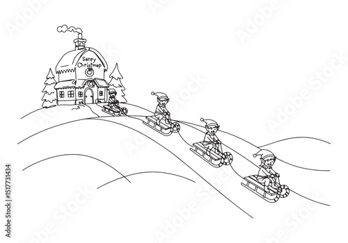 Enchanting winter scene, Elves tobogganing down a snowy hill on