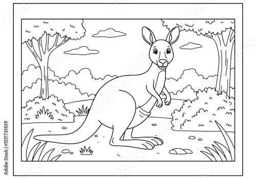 Kangaroo illustration for children's coloring book page in black