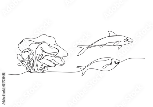 Underwater Ecosystem Continuous Line Drawing, Marine Life and Co