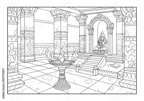 Intricate Coloring Page of Hindu Temple Interior with Flickering