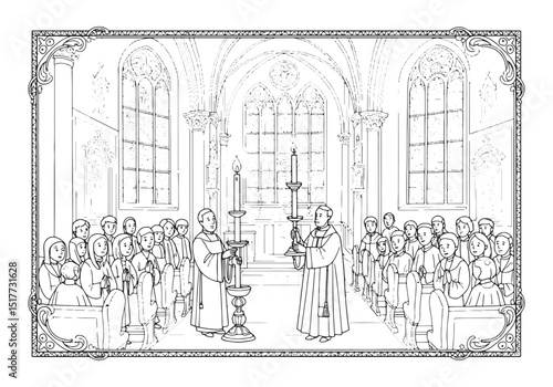 Easter Vigil celebration inside a church, coloring book drawing,