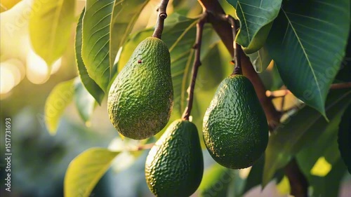 Ripe avocado fruits hanging on tree branch in garden against the backdrop of sunset rays. Tropical fruit avocado, healthy food rich in fats for health and beauty. Avocado plantation