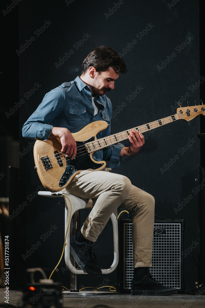 Obraz premium Talented musician rehearses on the bass guitar on stage, focusing on delivering a flawless performance. The scene captures the details of stage preparation and individual practice for a musical show.