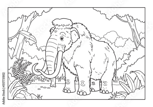 Adorable Woolly Mammoth in Natural Habitat Coloring Book Illustr