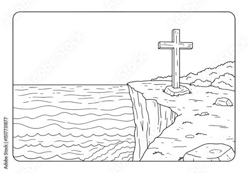 Serene Coastal Cross, A Detailed Coloring Book Illustration for