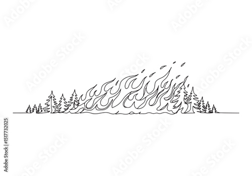 Dramatic wildfire illustration, continuous line art depicting fo