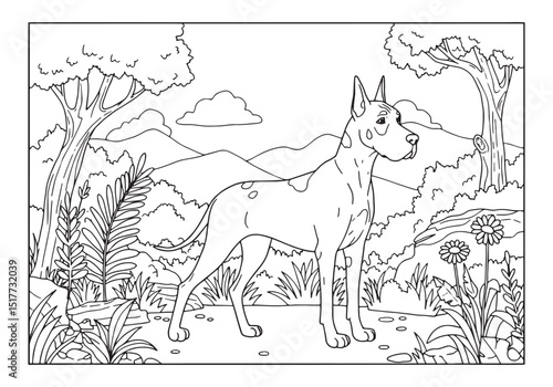 Great Dane in Nature Coloring Page for Kids, Black and White Lin