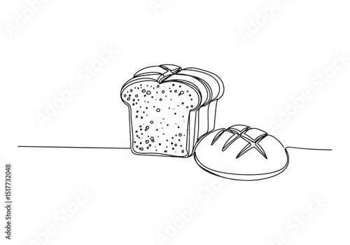 Continuous line drawing of bread loaf and slice on white backgro