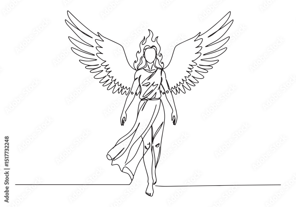 Fototapeta premium Continuous Line Drawing of Vehuiah Angel with Fire Hair and Wing