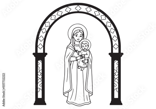 Elegant Line Art Depicting Virgin Mary Holding Baby Jesus Under