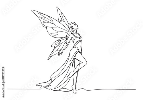 Elegant female fairy in continuous oneline drawing, black and wh