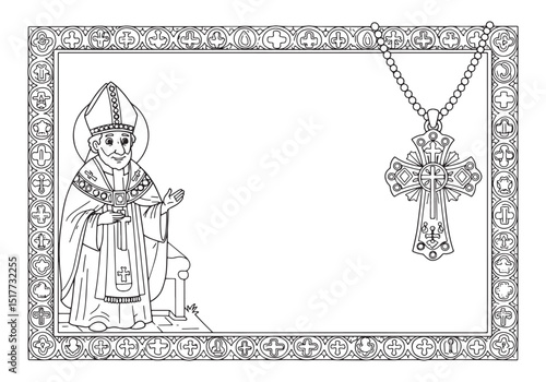 Detailed Coloring Page of a Bishop with Pectoral Cross Illustrat