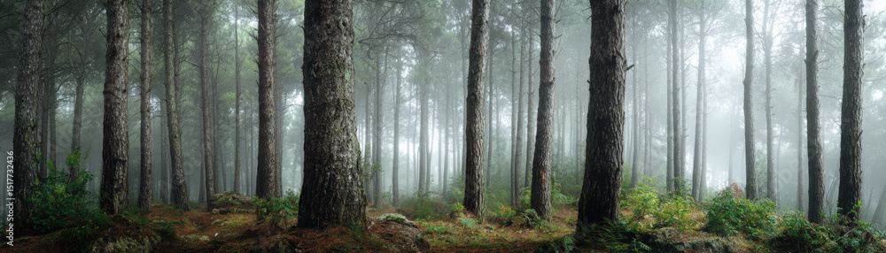Fototapeta premium Serene high resolution panoramic photo of tall pine trunks surrounded by mist, creating tranquil atmosphere in dense forest. soft light filters through trees, enhancing natural beauty