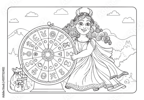 Fortuna, Coloring Book Page Depicting the Roman Goddess of Fortu
