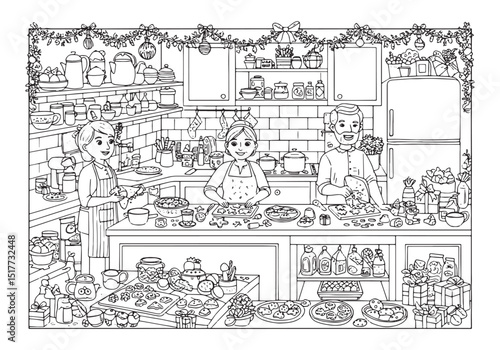 Festive Kitchen Scene, A Black and White Coloring Book Illustrat