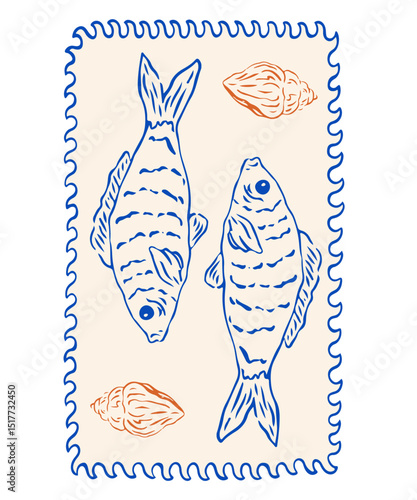 Vintage stamp summer Italy la dolce vita. Amalfi or Sicily of vector postage stamps or sticker print. Retro frame or border element design with sardines perfect for interior or menu design. 