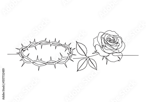 Crown of Thorns and Blooming Rose Continuous Line Drawing Illust