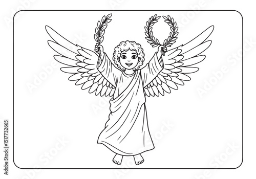 Detailed coloring page of a young angel holding wreaths of leave