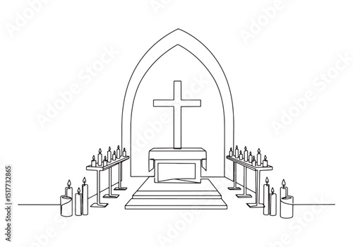 Continuous Line Drawing of Church Interior with Cross and Candle