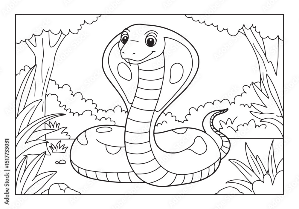 Fototapeta premium Adorable cobra in a jungle coloring page, a fun illustration for