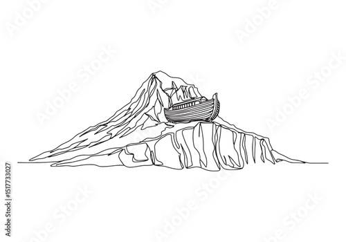 Minimalist continuous line drawing of Noah's Ark on Mount Ararat