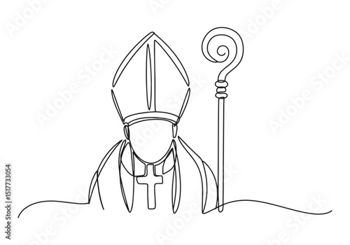 Elegant continuous line drawing of a bishop with mitre and crosi