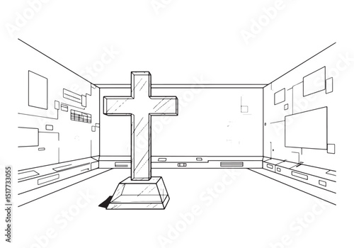 Elegant glass cross standing in a modern interior coloring book