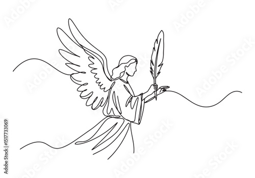 Elegant continuous line drawing of an angel holding a feather qu