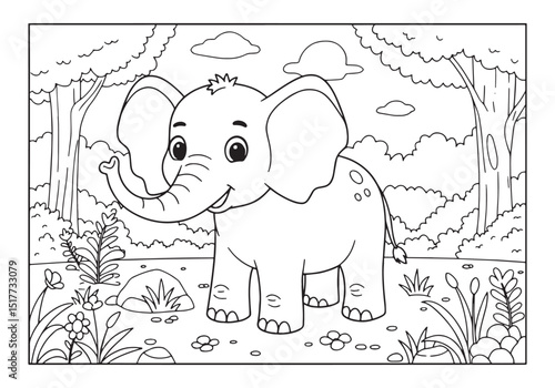 Adorable baby elephant in the jungle coloring page for kids acti