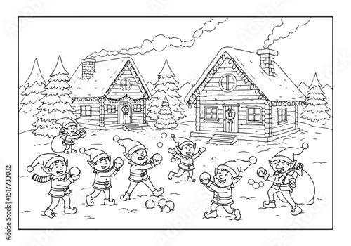 Festive Elves Enjoying a Snowy Snowball Fight in a Winter Wonder