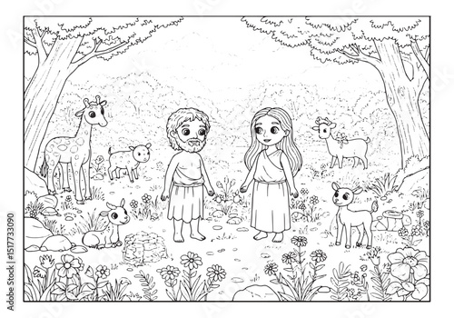 Delightful coloring page of adam and eve with adorable animals i