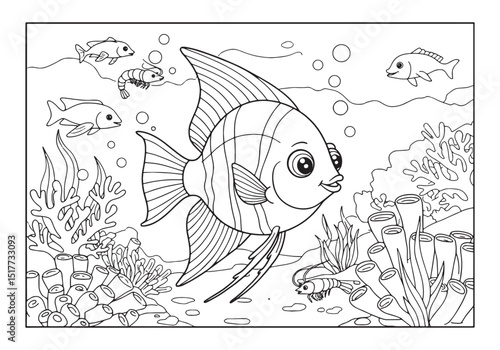 Charming angelfish coloring page with coral reef elements in bla