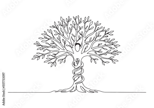 Glowing Tree of Knowledge, Continuous Line Art in Vintage Style