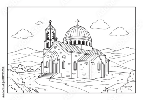 Intricate coloring page of the church of mu with black and white