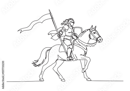 Line Art Illustration of a Female Knight on Horseback in a Singl