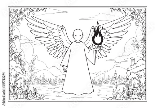 Batariel Coloring Page, Serene Angel with Flame in a Detailed La
