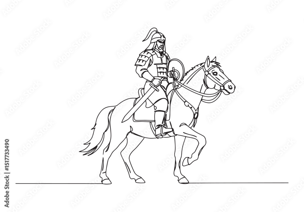 Fototapeta premium Mongol Warrior on Horseback Continuous Line Art Illustration