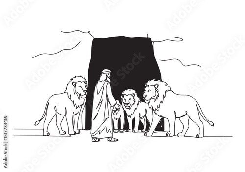 Elegant depiction of Daniel in the lions' den with continuous li