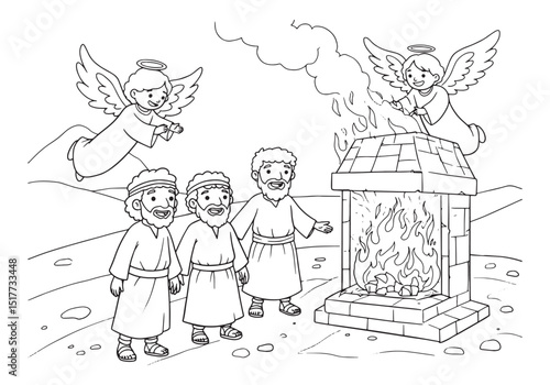 Biblical deliverance scene coloring page with angels and followe