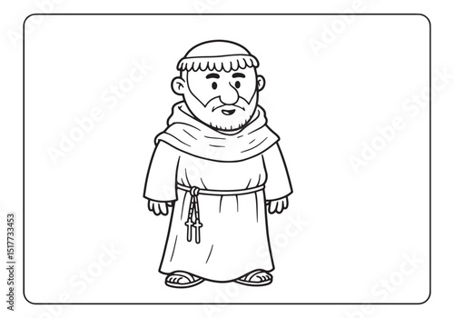 Vintage monk illustration for coloring book, black and white rel
