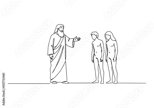 Monochrome Drawing of God Confronting Adam and Eve in Single Lin