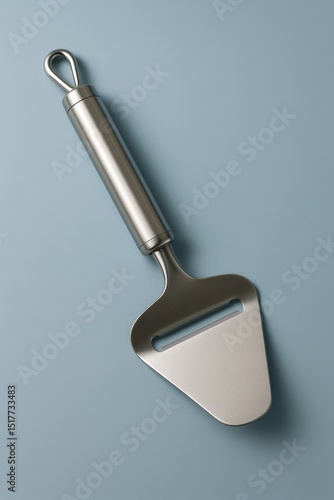 A cheese slicer with a metal handle against a gradient background