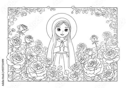 Charming Coloring Page of Virgin Mary Surrounded by Roses Illust